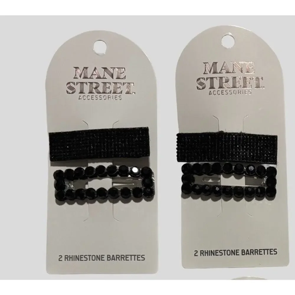 Mane Street Rhinestone Hair Barrettes Black Snap Clips Lot of 12 (6 Packs) NEW